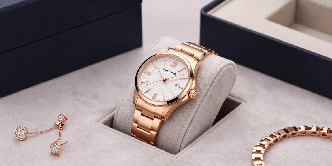 Stunning rose gold super clone watch elegantly displayed with luxury jewelry pieces.