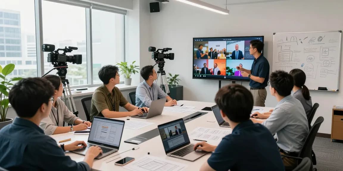 Creative Corporate & Commercial Video Production Sg team collaborating in a bright studio
