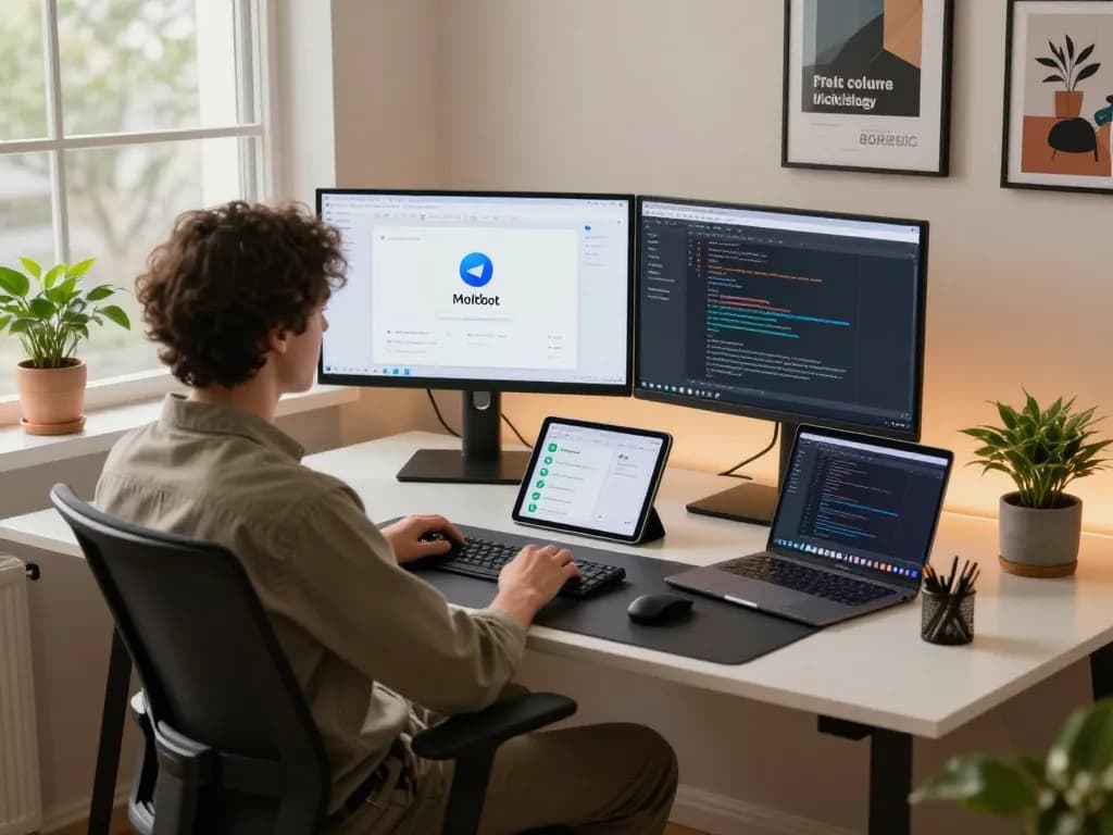 User engaging with moltbot ai in a modern home office setting with dual monitors and various devices.