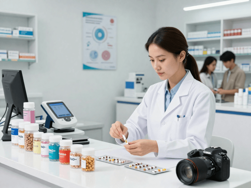 BPC 157 Side Effects explored in a pharmacy setting with advanced buccal strip preparation and health technology.