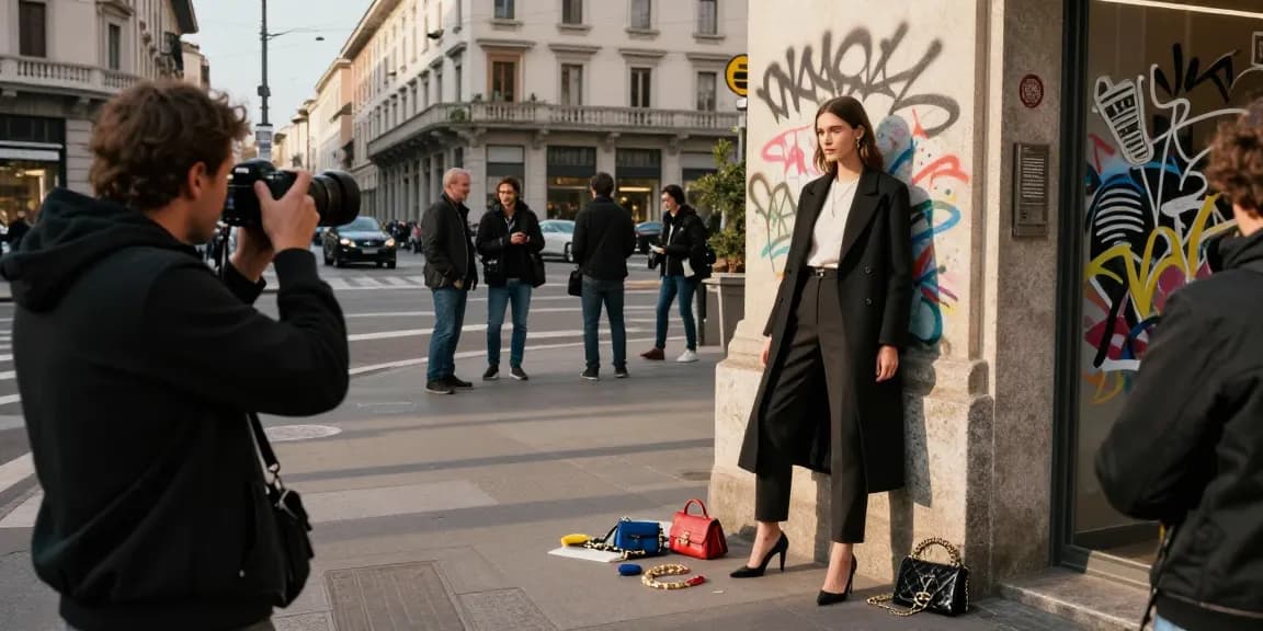 Services de Fotografo Milano pour la mode, séance photo urbaine dynamique avec un modèle.