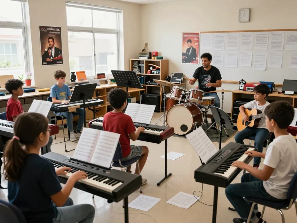 学生が音楽教室で様々な楽器を学んでいる魅力的な音楽教室の画像。