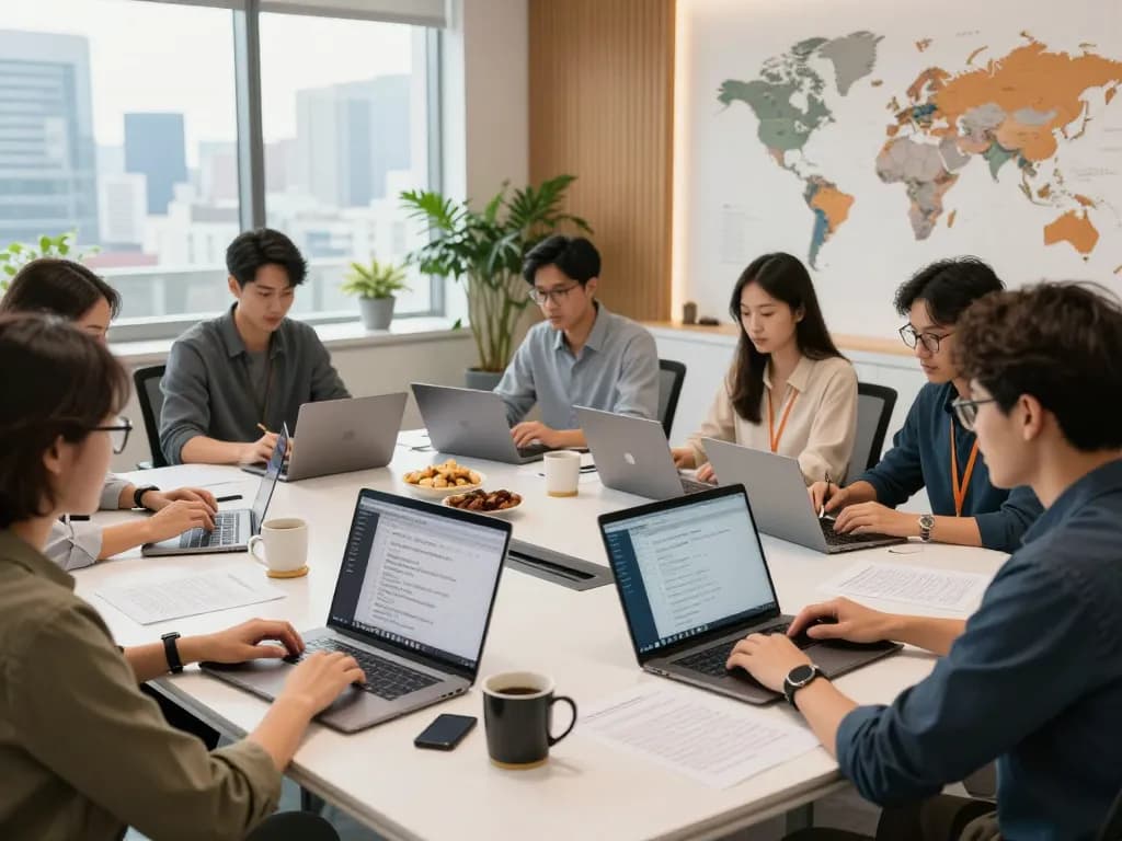 协作团队在现代翻译服务办公室使用有道翻译，展示技术和多样性。