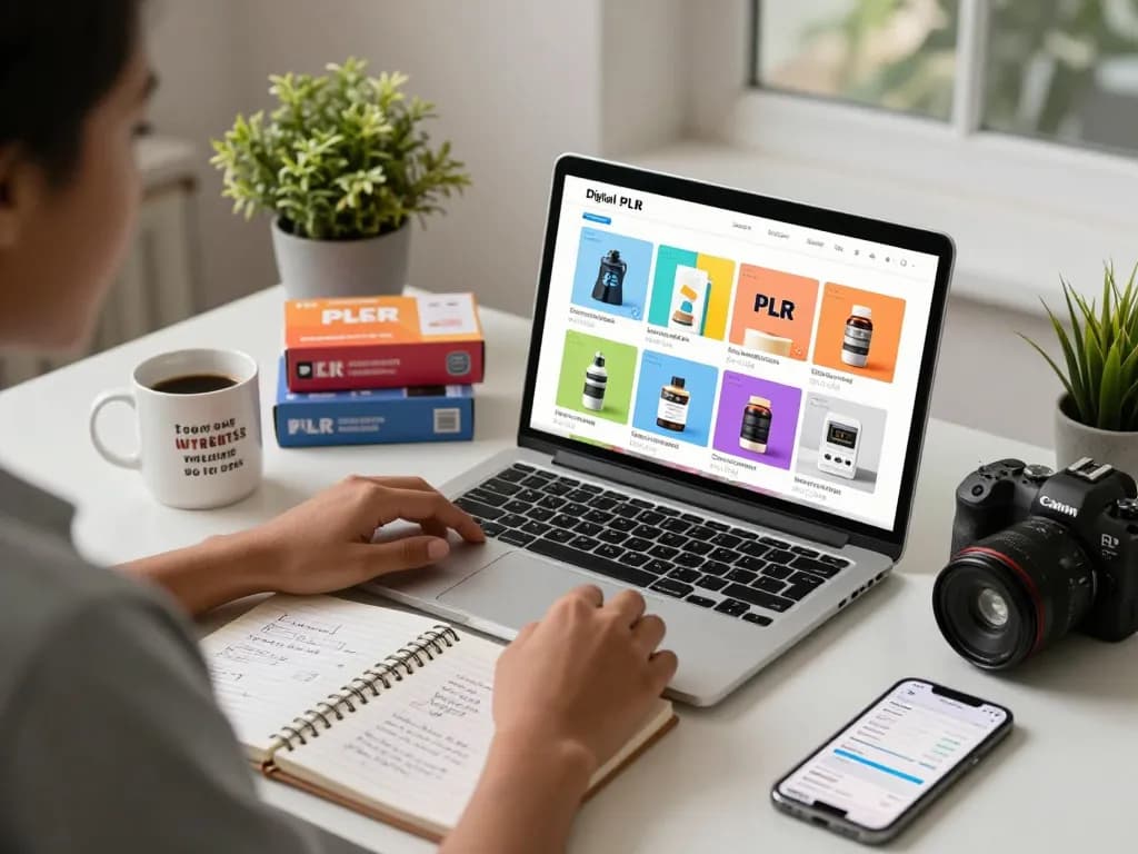 Buy PLR Products Online with a modern workspace and digital products in view