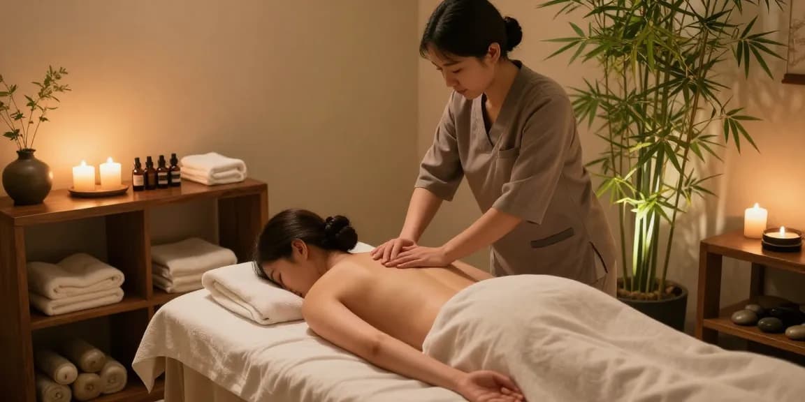 Relaxation during 강남출장마사지 session in a serene spa with candles and calming decor.