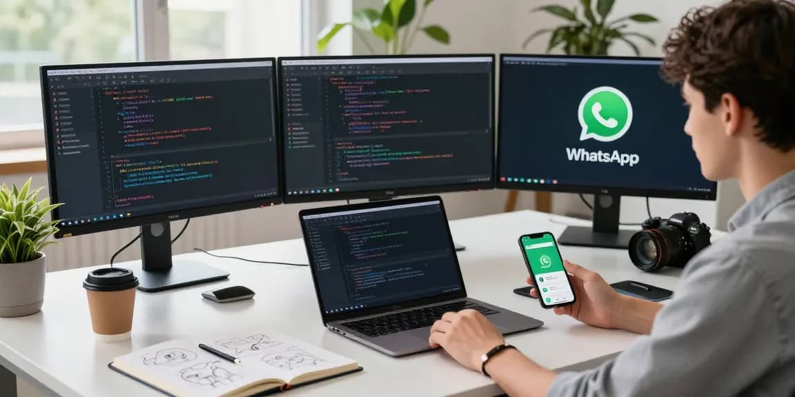 Developer engaged in coding WhatsApp下載 app features in a modern office, showcasing tech innovation.