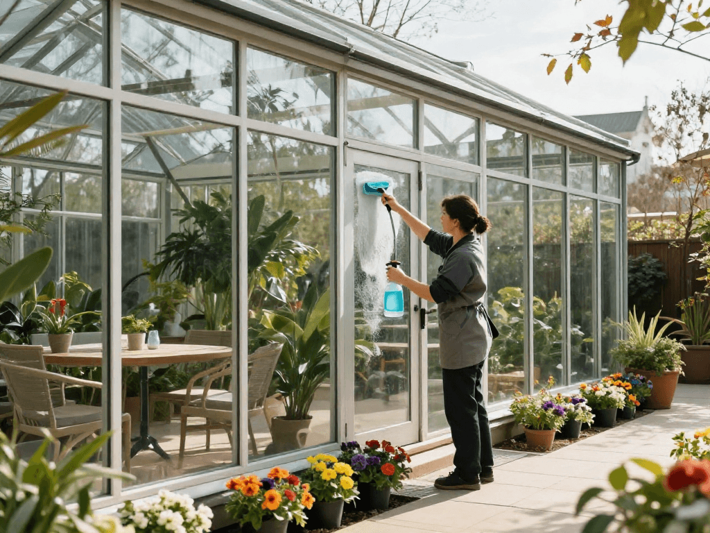 Wintergartenreinigung Firma Dortmund – Professioneller Dienst reinigt Fenster und Rahmen in einem gepflegten Wintergarten mit Pflanzen.
