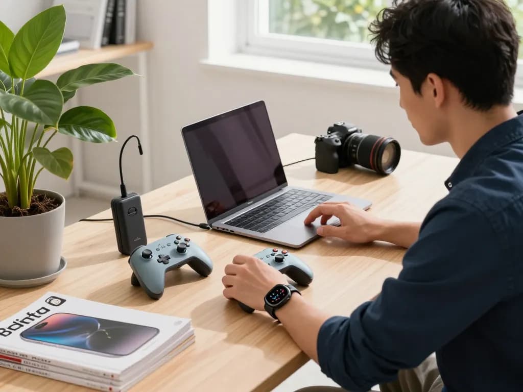 Discover must have tech gadgets showcased in a vibrant modern office with innovative gadgets and a stylish workspace.