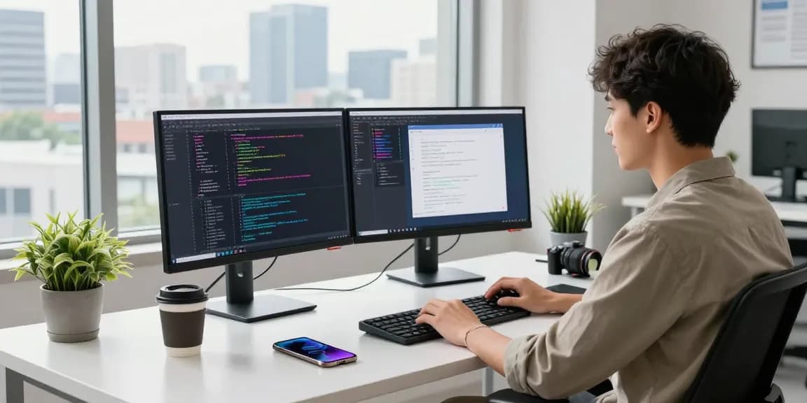 Developer coding in a modern workspace, showcasing 纸飞机中文版官网 on dual monitors for enhanced messaging.