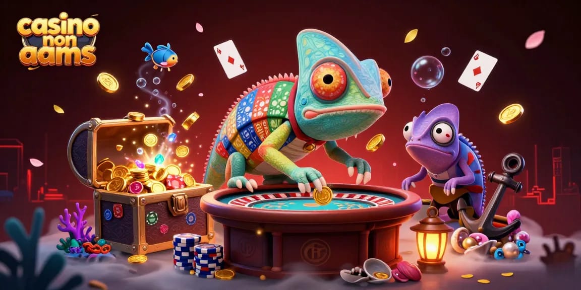 Gioca ai casinò non AAMS con un camaleonte colorato che attira monete d'oro in un ambiente vibrante.