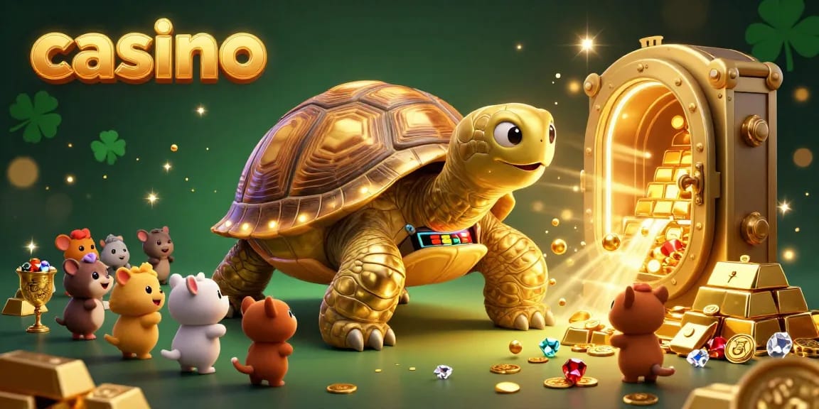 Experience thrilling casino fun with tiny golden animals waiting to play on a colossal tortoise pinball machine.