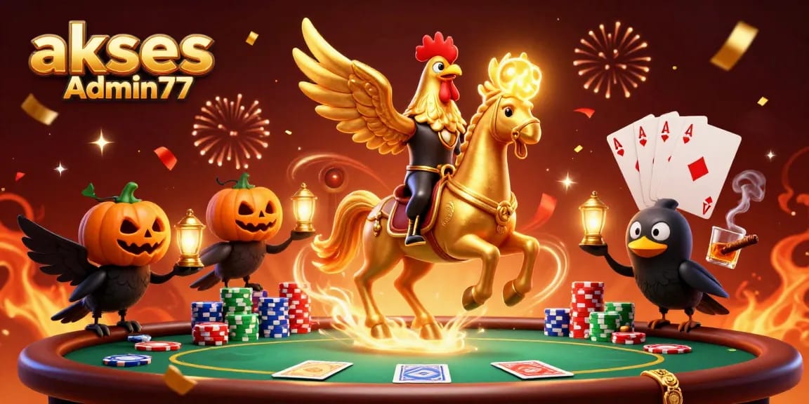 Experience winning excitement with akses Admin77 in a dynamic casino scene featuring unique characters and game elements.