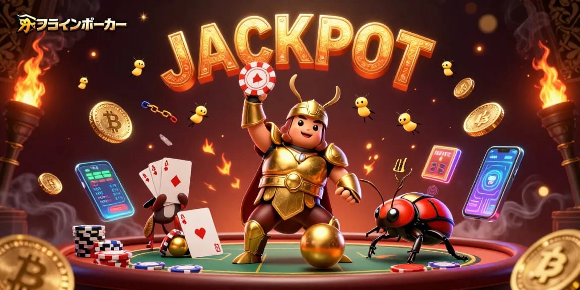 オンラインポーカーで勝利を収めるヒーロービートルのイラスト、ポーカー要素が満載。