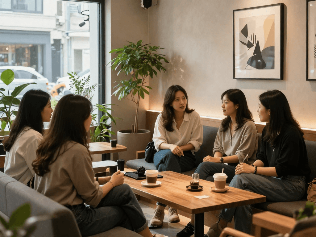강남쩜오에서 편안한 대화를 나누는 친구들, 아늑한 인테리어와 커피 컵, 따뜻한 분위기