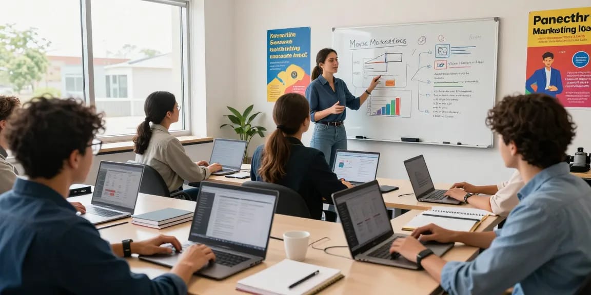 Conversion-optimized landing pages training in a vibrant digital marketing classroom.