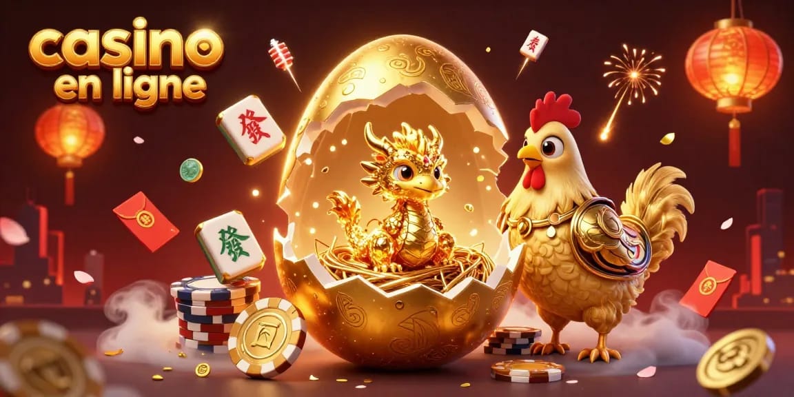 Jouez au casino en ligne avec des dragons dorés et des jetons de poker dans cette illustration dynamique.