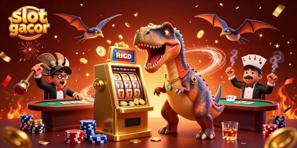 Experience slot gacor action as a pachycephalosaurus hits a golden slot machine, rewarding coins.