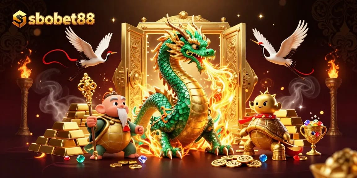 Experience the magic of sbobet88 with a lavish 3D illustration featuring a jade dragon, sage, and lucky cranes.