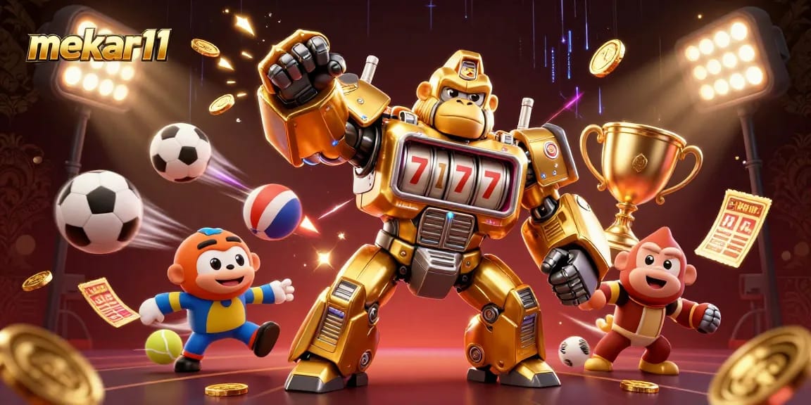 Mekar11's vibrant 3D illustration of a golden gorilla mech bursting with coins, showcasing energetic sports elements.