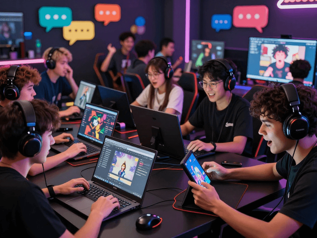 Players enjoying engaging porngame experiences on multiple devices in a lively online setting.