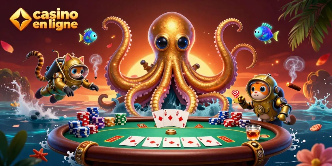 Découvrez des jeux de casino en ligne passionnants avec un kraken et un chat plongeur dans une scène dynamique.