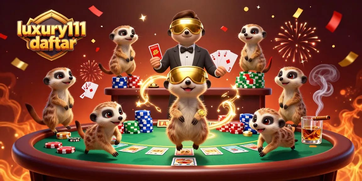 Engage in exciting gameplay at luxury111 daftar as meerkats manage a vibrant casino scene with poker tables and colorful chips.