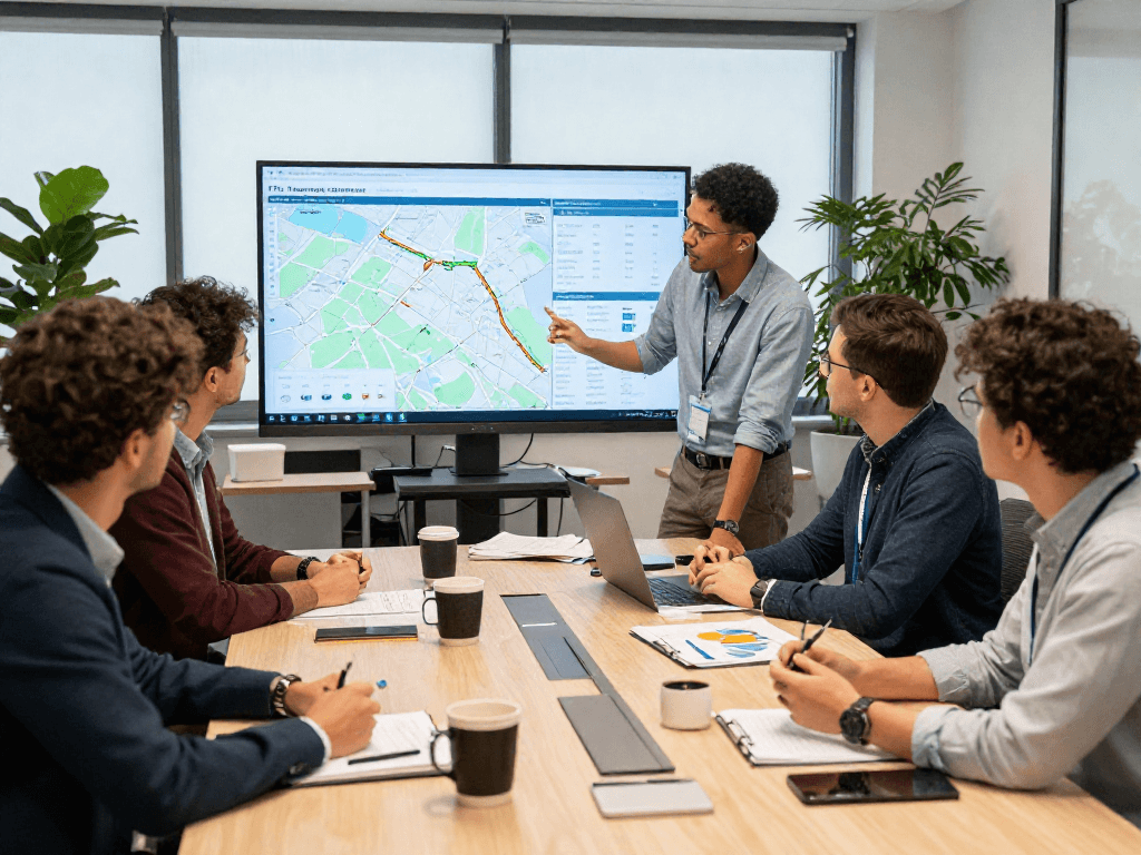FTL Transport in Dortmund - Besprechung im Logistikbüro mit Team, moderne Präsentation von Transportplänen.