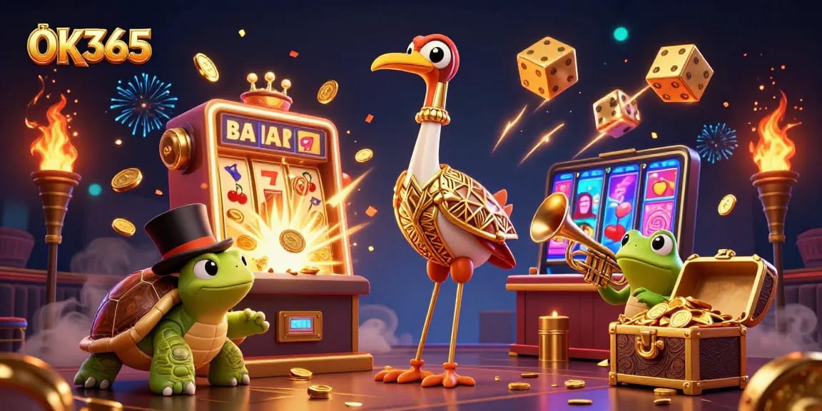 Experience thrilling gameplay with OK365's exciting cartoon-style casino scene featuring vibrant characters.