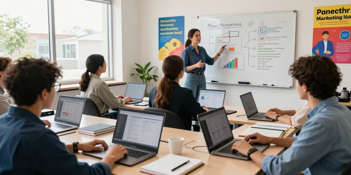 Conversion-optimized landing pages training in a vibrant digital marketing classroom.