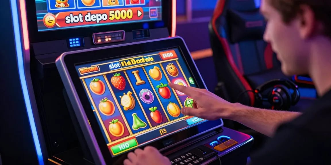 Exciting online gambling experience with "slot depo 5000" player interacting with vibrant tablet interface.