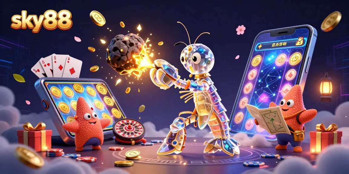 Experience exciting wins with sky88's slots and games highlighted in a vibrant 3D scene.