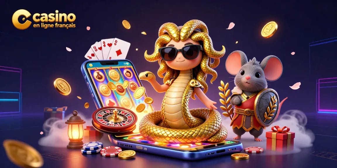 Jouez au casino en ligne français avec des personnages animés dynamiques entourés de jeux et jetons.