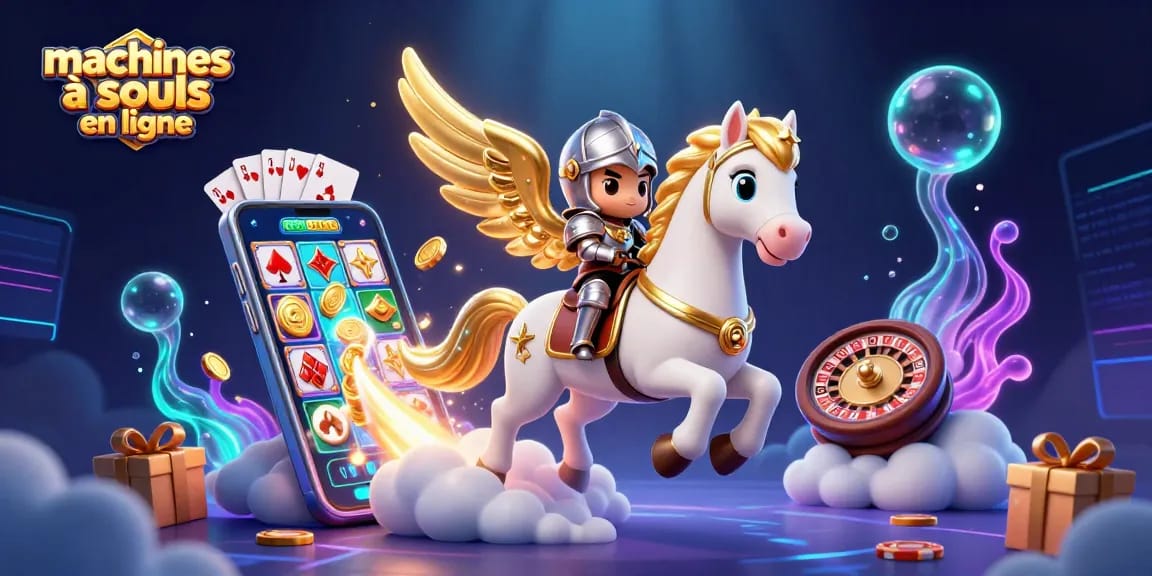 Découvrez la magie des machines à sous en ligne avec un cheval céleste et un chevalier, entourés de jeux et de pièces d'or.