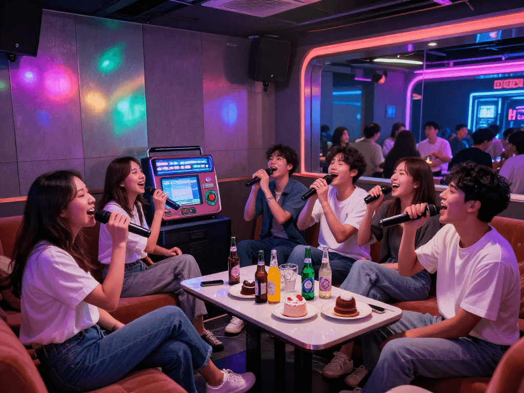 강남 디저트 가라오케에서 친구들과 함께 즐거운 시간을 보내는 모습