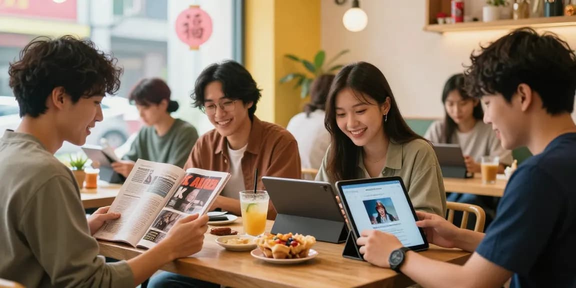 Engaged young adults exploring Asian culture through https://hanadultalk.com in a lively cafe setting.