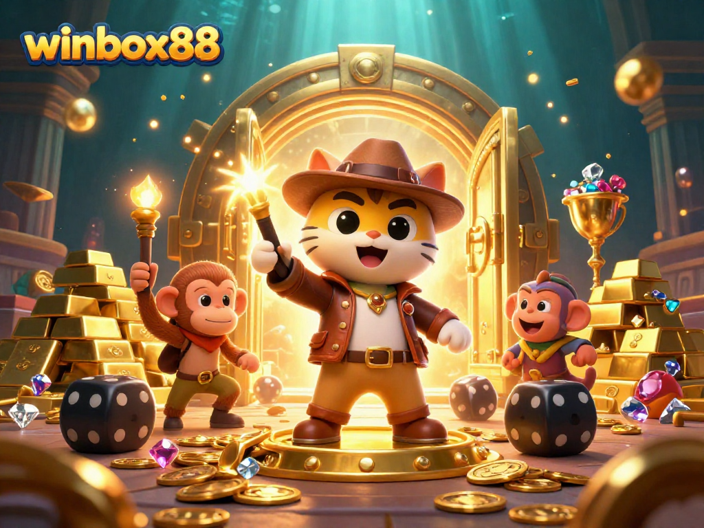 Experience big wins at winbox88 with the adventurous cat uncovering riches in a vibrant casino temple.
