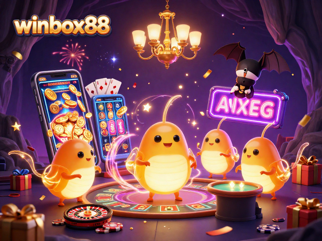 Winbox88 casino illustration featuring glowworms lighting up with colorful slot games and casino elements.