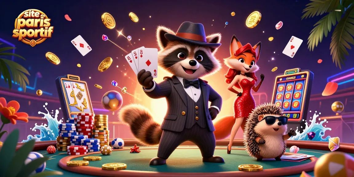 Visualisez un site de paris sportif avec un raton laveur et une renarde dans un décor de jeux d'argent.