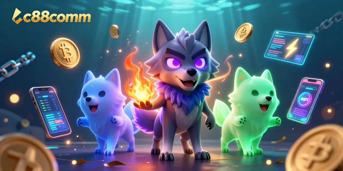Experience thrill at lc88comm, with wolves and glowing crypto coins in a vibrant casino scene.