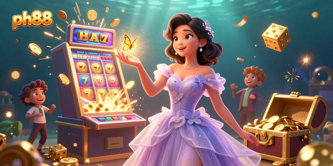 Experience thrilling slots at ph88 with a stunning woman amidst jackpot coins and vibrant casino elements.