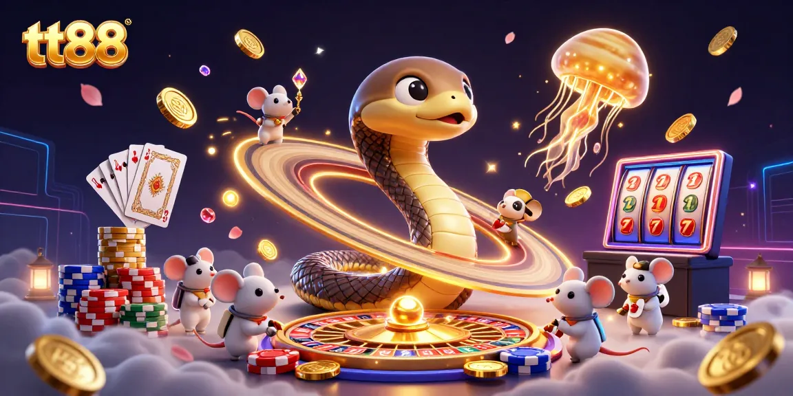 Experience the excitement of tt88 with a cosmic casino scene featuring astronaut mice gambling amidst shining coins and glowing elements.