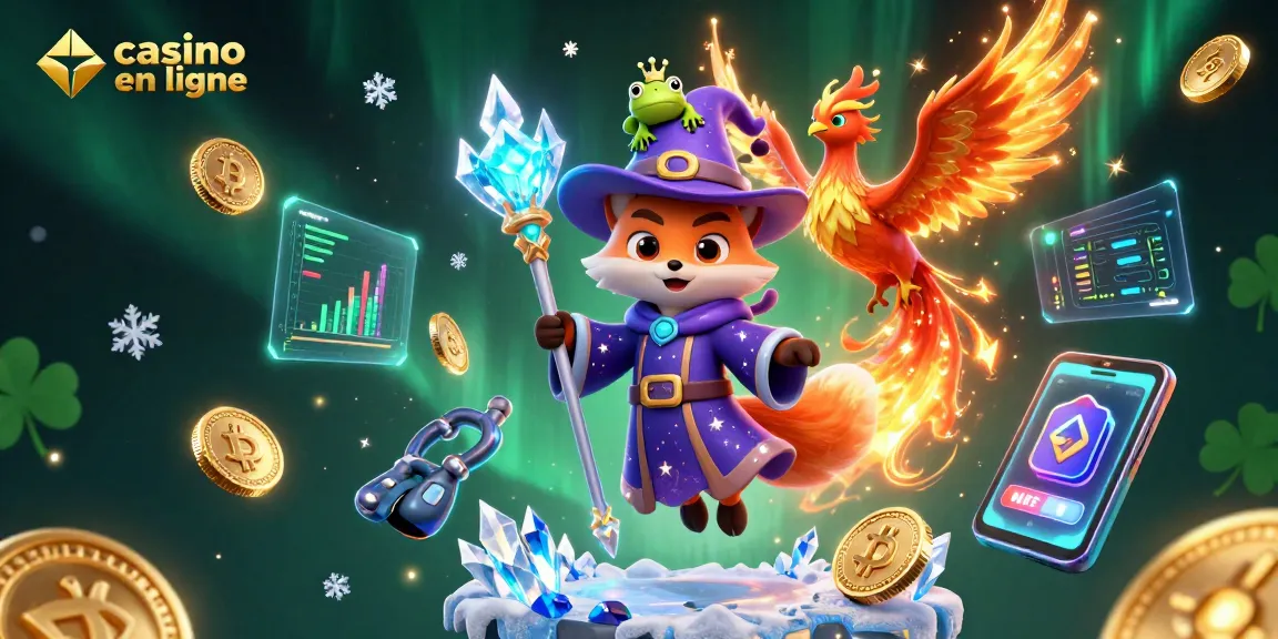 Gagnez avec le casino en ligne grâce à des éléments inspirants comme un coin Bitcoin brillant et un magicien mystique.
