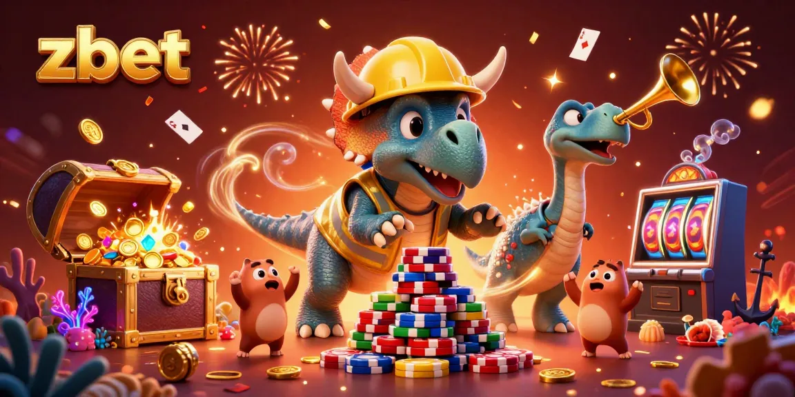 Zbet slot gaming scene with a triceratops building poker chips amidst joyful creatures.