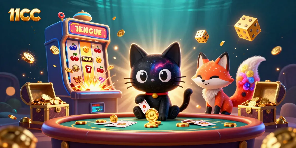 Engaging illustration of 11CC featuring a cosmic cat and fox amidst a casino explosion of joy.