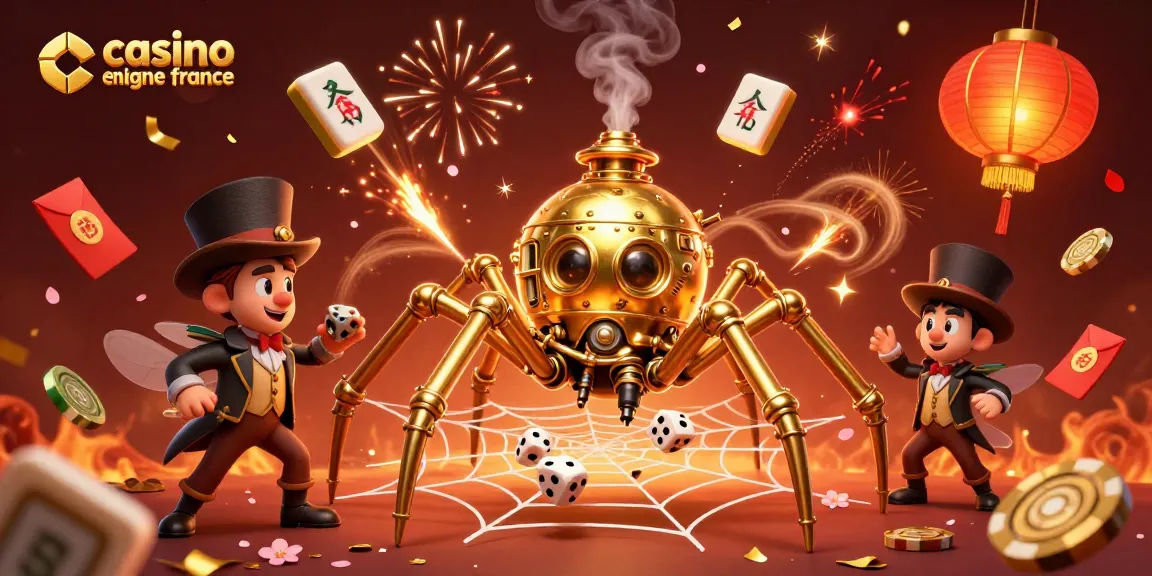 Illustration captivante de casino en ligne en France, intégrant une araignée dorée steampunk et des éléments de jeu.