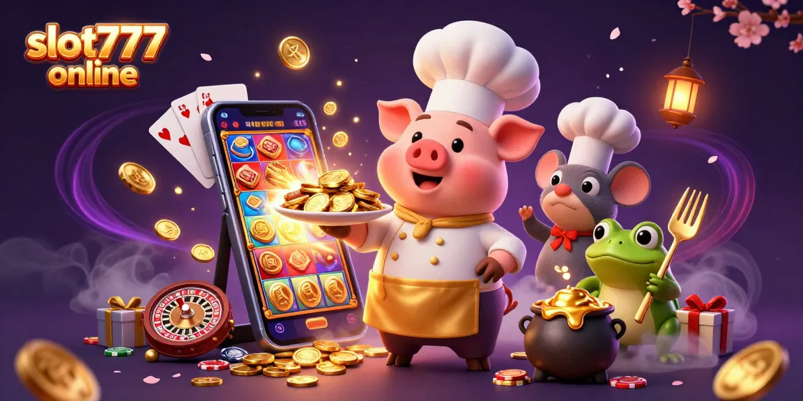 Experience the thrill of slot777 online with colorful slot games, winning coins, and playful characters in a vibrant casino scene.