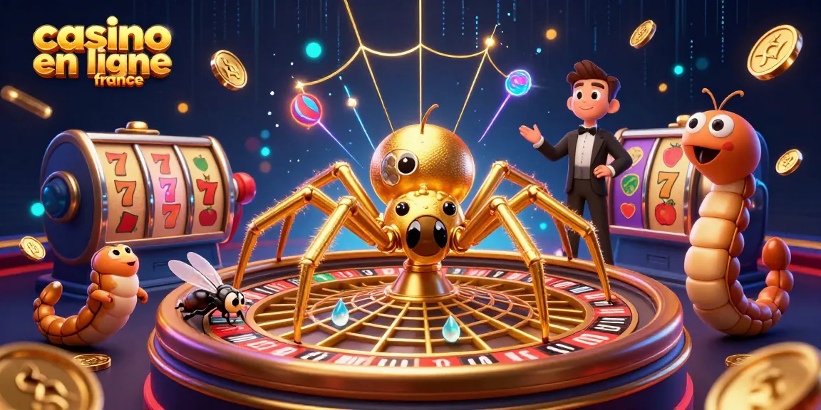 Illustration dynamique de casino en ligne France avec une araignée dorée et des jeux sous tension