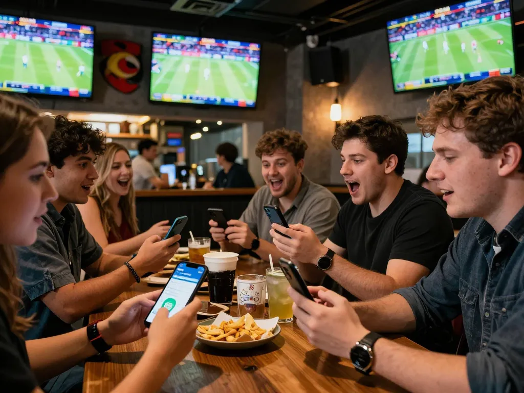 Engaging sports fans using the 888vnd nhà cái app for live betting in a cozy bar atmosphere.