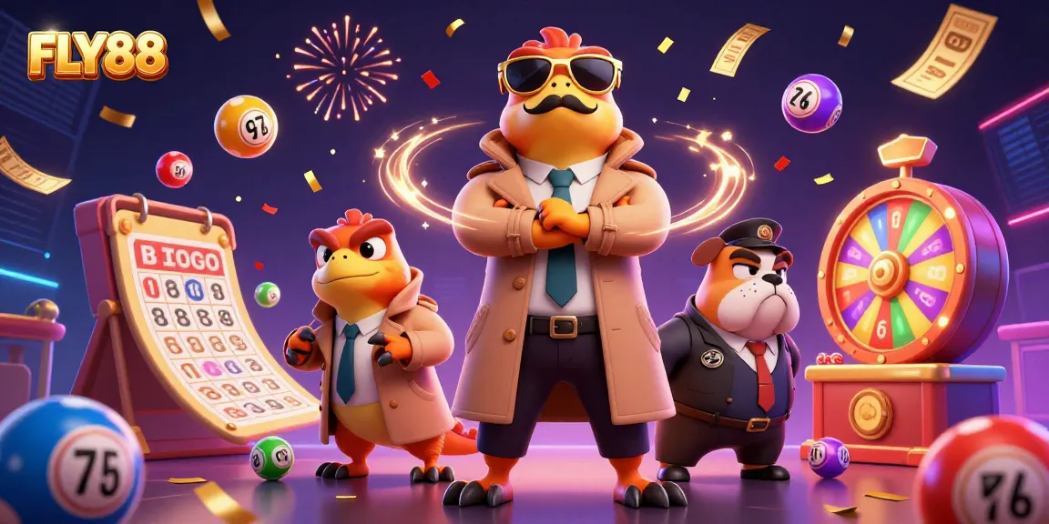 Engage with FLY88's energetic atmosphere featuring raptors and casino elements in a vibrant scene.