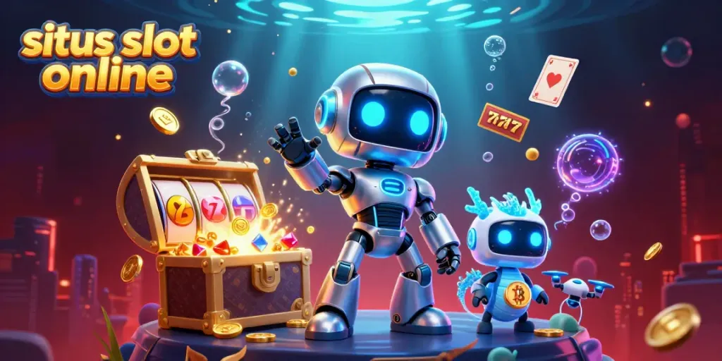 Permainan situs slot online dengan mesin slot dan simbol jackpot berkilau.